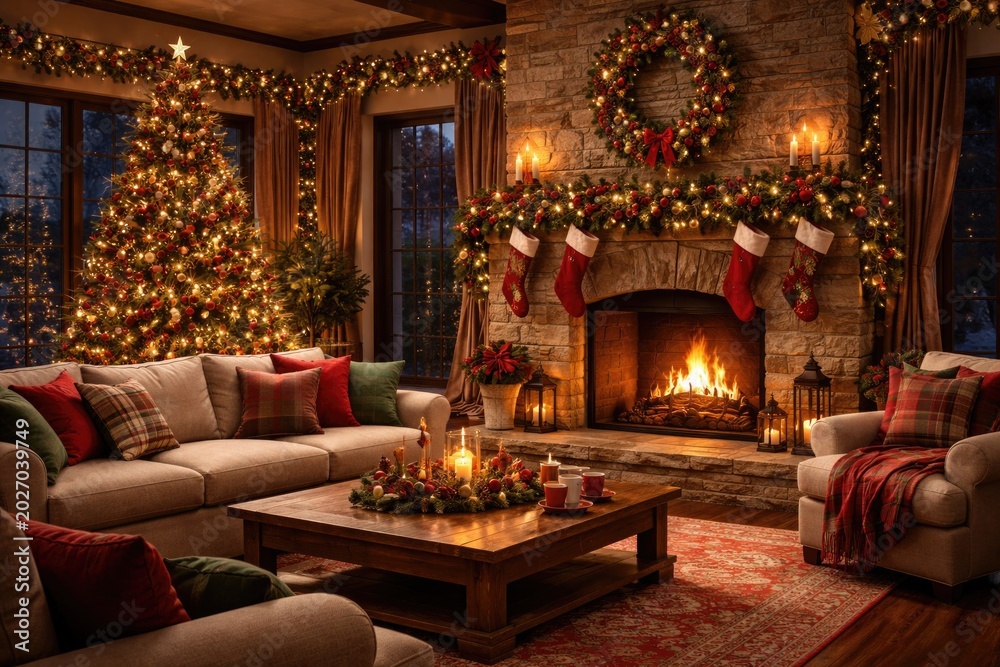 Obraz premium Spacious living room with hearth and vibrant holiday embellishments