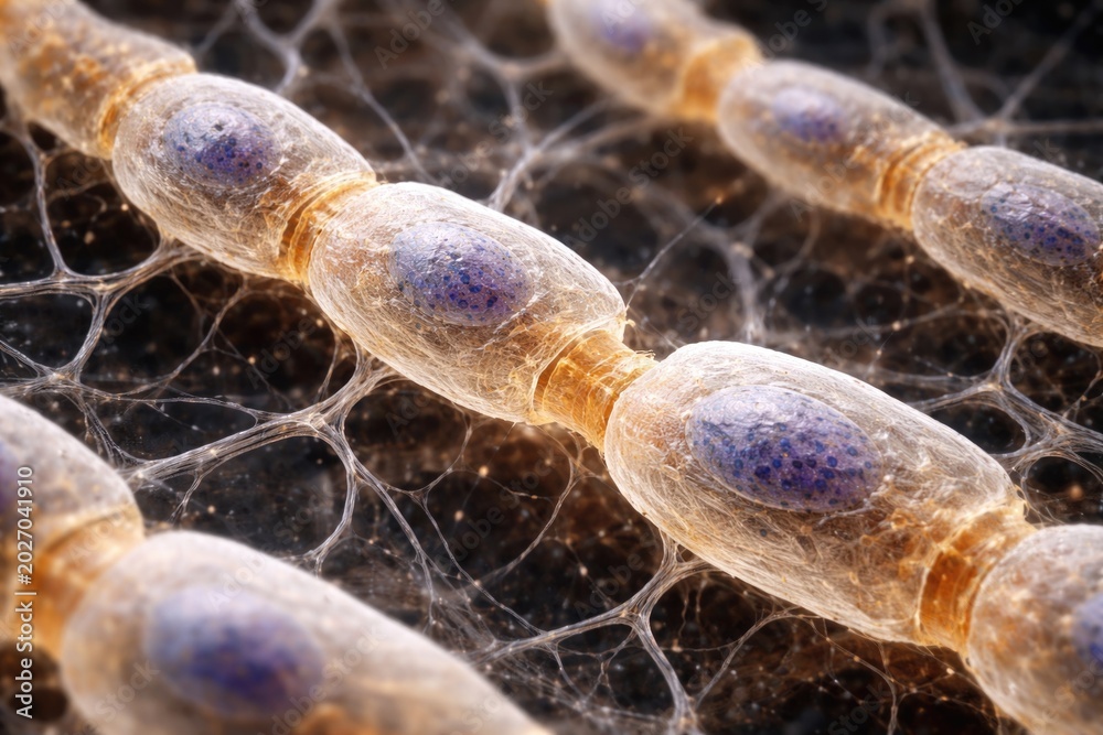 Fototapeta premium Scientific micrograph focusing on myelinated nerve fiber with visible Schwann cell nuclei and nodes