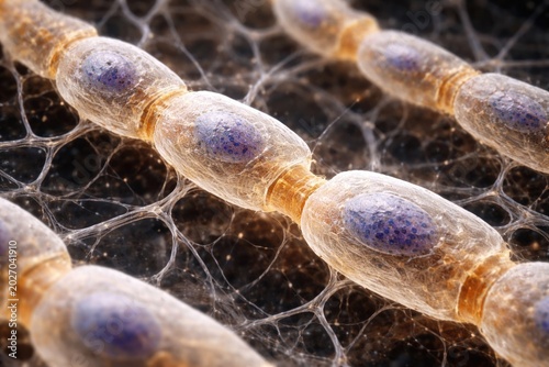 Scientific micrograph focusing on myelinated nerve fiber with visible Schwann cell nuclei and nodes