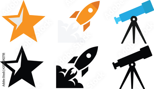 Achievement Icons Star Rocket and Telescope for Success Design
