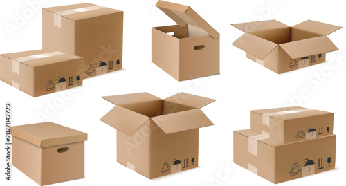 Brown paper cargo box mockup set for mail post distribution and logistics vector