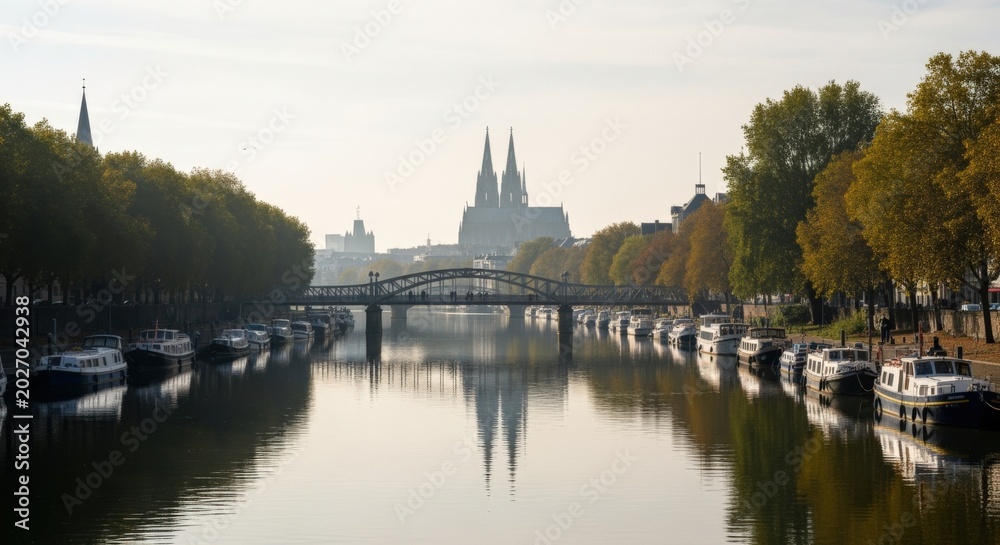 Fototapeta premium Serene Riverfront Panorama with Historic Cathedral and Boats in Autumnal Cityscape
