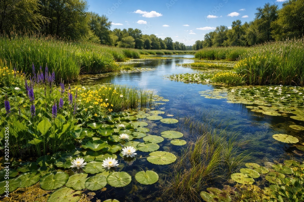 Fototapeta premium Brightly lit marsh river area with multiple aquatic plant species under a clear blue sky