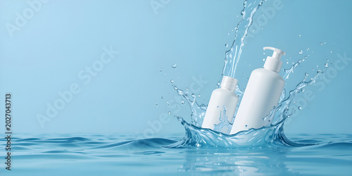 Skin care toner and lotion bottles with water splash 3D mockup banner.