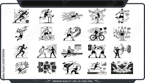 Summer Olympics Multisport Championship and Athletic Performance Analytics Icon Set  Stick Figures in Track and Field Swimming Soccer Tennis, Cycling Martial Arts and HighTech Biometric Fitness 