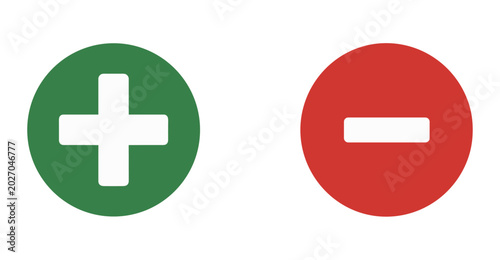 Foto Plus and Minus Icons: A simple illustration featuring a green circle with a white plus symbol and a red circle with a white minus symbol, representing opposing concepts