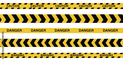 Billede på lærred Warning Tape Set: A collection of hazard warning tapes featuring 'CAUTION', 'DANGER', and 'WARNING' messages