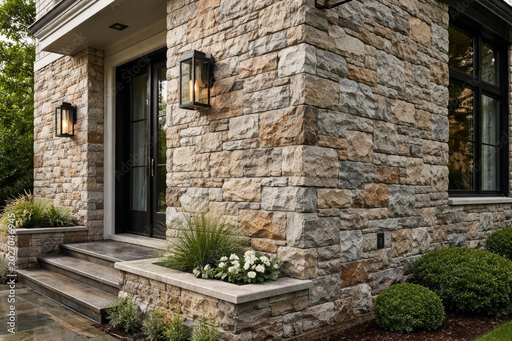 Fototapeta premium Textured natural granite stone veneer accents on exterior wall