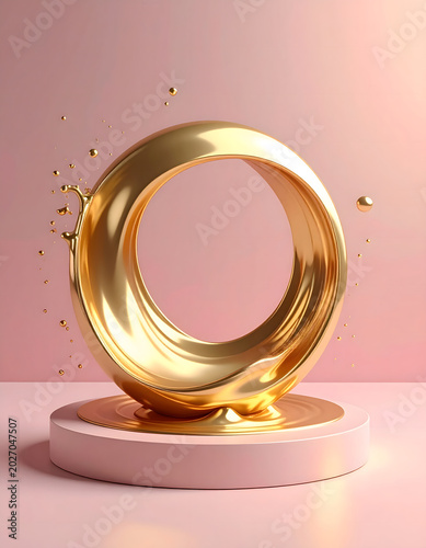 Satisfying Liquid Gold Loop: Product render gold ring circle motion satisfying animation flawless polished liquid splash on pink pedestal background serene joy