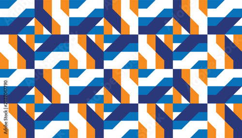 Modern geometric seamless pattern with interlocking blue and orange shapes. Abstract vector background for corporate branding, packaging, or modern tile design.