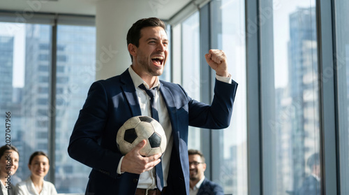 Business executive celebrating football victory while holding soccer ball in modern office, Football World Cup 2026 concept symbolizing leadership, teamwork, success and corporate energy