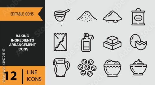 Rustic Baking Ingredients Arrangement Outline Icons Collection for Homemade Kitchen Recipe Designs