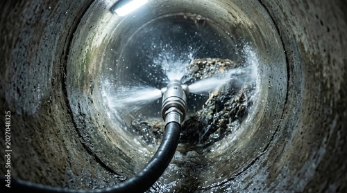 Maintenance severed main sewer pipe hydro jet cleaning concept. A high-pressure hose cleaning a muddy pipe interior, showcasing industrial maintenance.