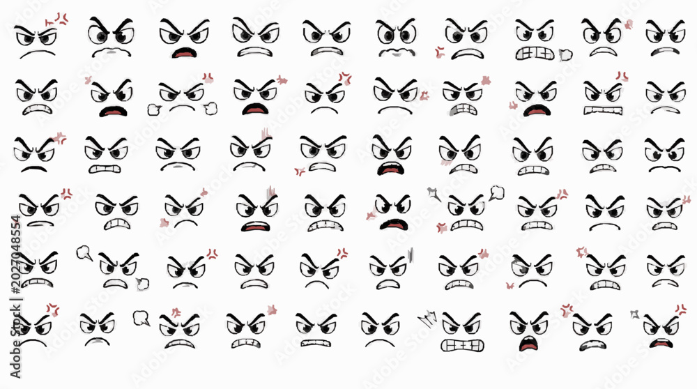 Naklejka premium Angry Annoyed Expression Icons Pack with Isolated Funny Eyes, Mouths, Brows, Smiles, Reaction Faces and Playful Cartoon Emotion Design Elements