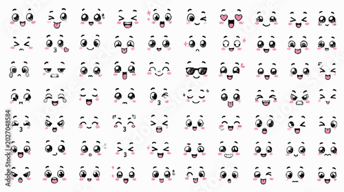 Принти на полотні Cute Kawaii Expression Icons Pack with Isolated Funny Eyes, Mouths, Brows, Smile