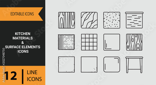 Kitchen Materials and Surface Elements Outline Icons Collection for Rustic Interior Design Themes