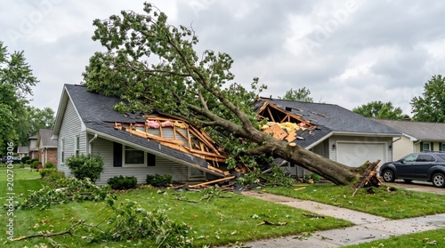 Tree falls on a house roof during severe storm damage concept. A house damaged by a fallen tree, reflecting the impact of severe weather conditions.