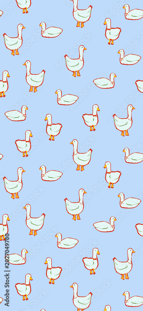 Fototapeta premium Vertical mobile wallpaper with cute doodle geese on blue background.