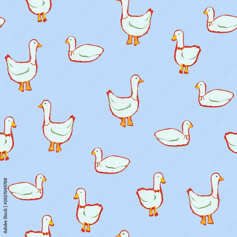 Obraz premium Cute repeating goose pattern on soft blue background for print.