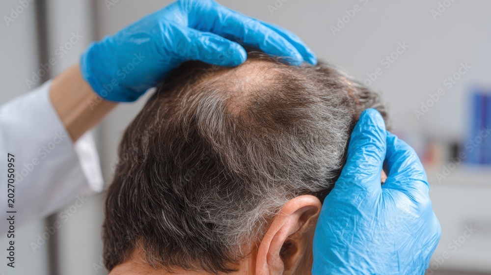 Naklejka premium Expert Examination of Hair Loss in a Patient: Understanding Scalp Condition and Treatment Options for Thinning Hair and Baldness
