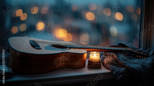 Acoustic guitar resting on a windowsill with a glowing candle and blurred city lights in the background on a rainy night