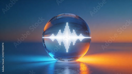 Glowing crystal ball displays sound wave on reflective surface at sunset