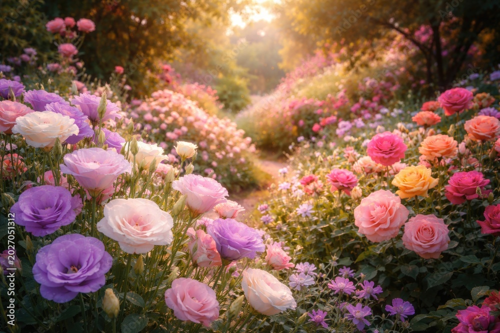 Obraz premium Magical summer garden alive with Eustoma flowers and colorful roses in bloom