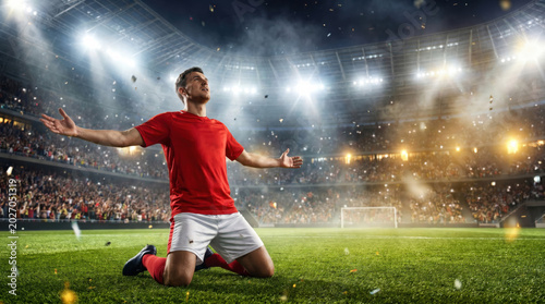 Professional football athlete kneeling in celebration under bright stadium lights, Football World Cup 2026 sports scene symbolizing triumph, achievement and global championship energy