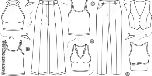 Vászonkép Women Fashion Clothing Flat Sketch Garment Line Art Vector Icon Set with Trouser