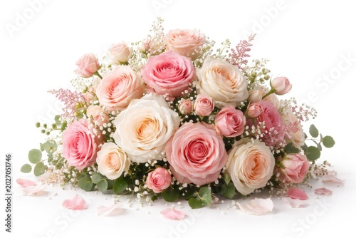 Lush rose flower arrangement set on a pure white background