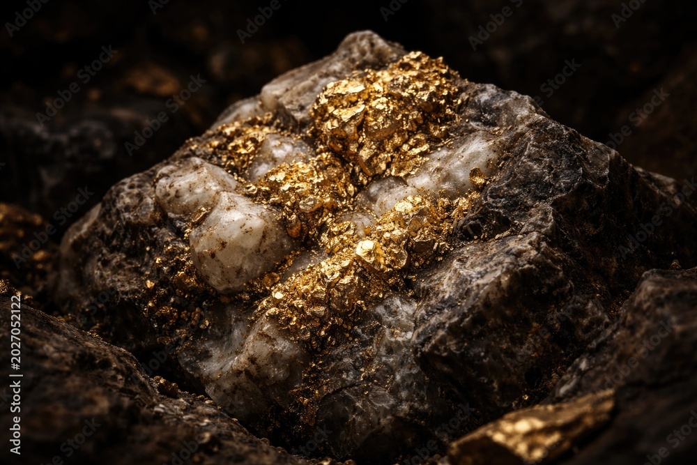 Fototapeta premium Deep shadowed surface showing authentic gold ore extracted from mine