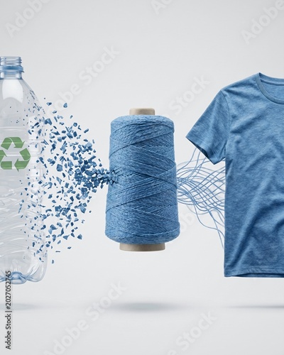 Transformation concept of a plastic PET bottle into a recycled T-shirt.