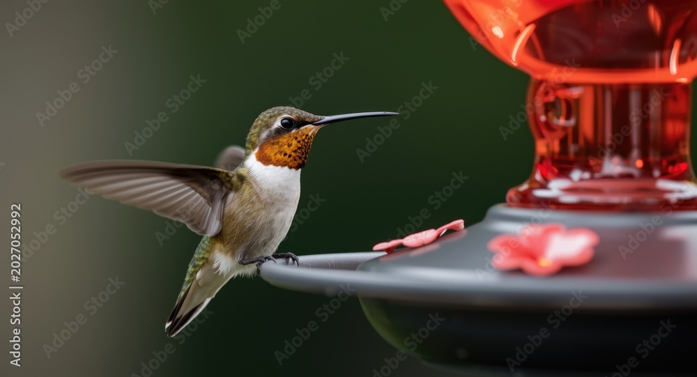 Fototapeta premium A joyful hummingbird sipping nectar from a garden feeder
