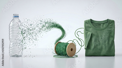 Transformation concept of a plastic PET bottle into a recycled T-shirt.