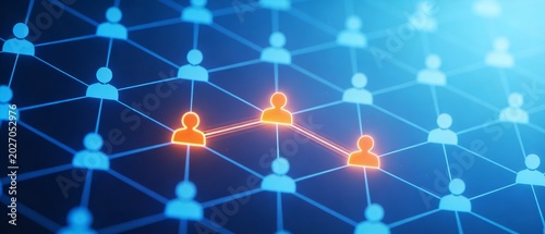 Network connections linking people icons in a grid on a blue gradient background