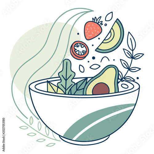 abstract healthy food bowl illustration with avocado strawberry and greens