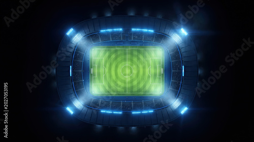 Football World Cup 2026 stadium top view with illuminated soccer field and glowing arena lights, futuristic sports background concept representing global tournament excitement