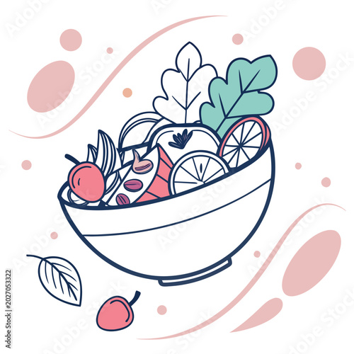 abstract bowl with fruits and leaves colorful line art illustration with pink accents
