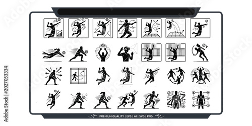 Photography Ice hockey training and winter sports vector icons set featuring player silhouettes skating actions tactical match gameplay and athletic biometrics telemetry analytics