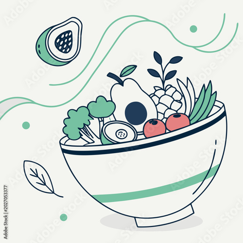 abstract fruit and vegetable bowl illustration with avocado pear and leafy greens