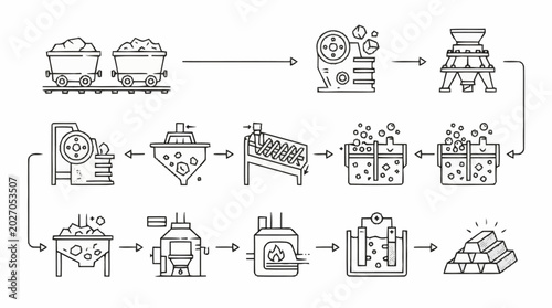 Photos Industrial resource extraction and metal refinement process,outlining the journe