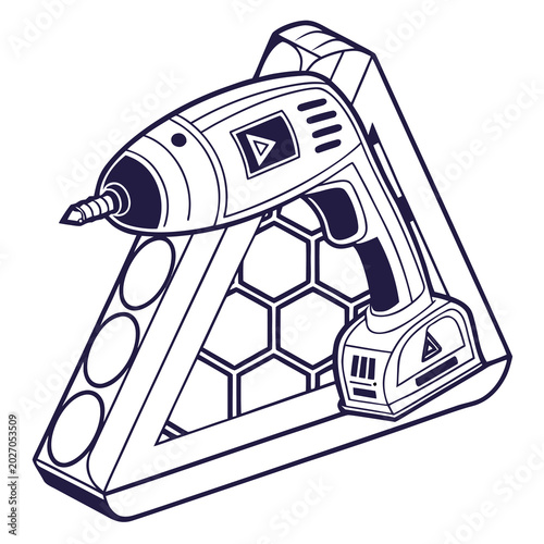 line art illustration of a cordless drill with hexagonal and triangular geometric patterns