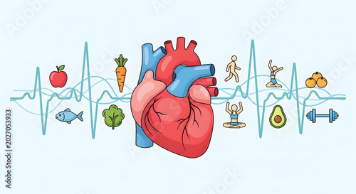 Heart health illustration human heart surrounded by healthy food, exercise, and balanced lifestyle icons, connected by a cardiogram, symbolizing optimal cardiovascular wellness