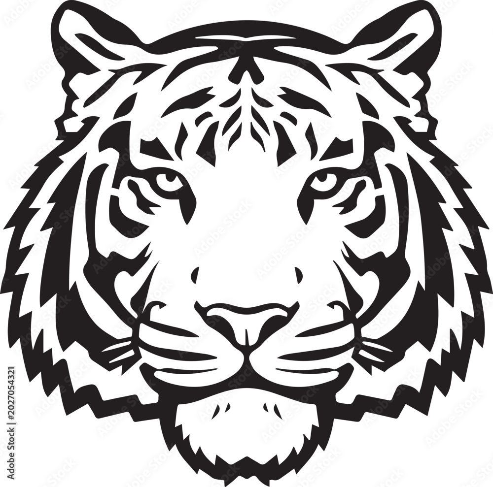 Fototapeta premium A bold black and white illustration of a tiger's face, featuring intricate stripes and piercing eyes, conveys a sense of power and wildness.