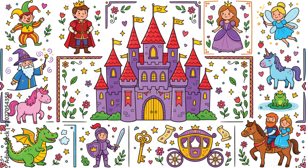 Obraz premium Fantasy fairytale collection with princess castle unicorn dragon fairy knight and magical cartoon vector illustration elements set