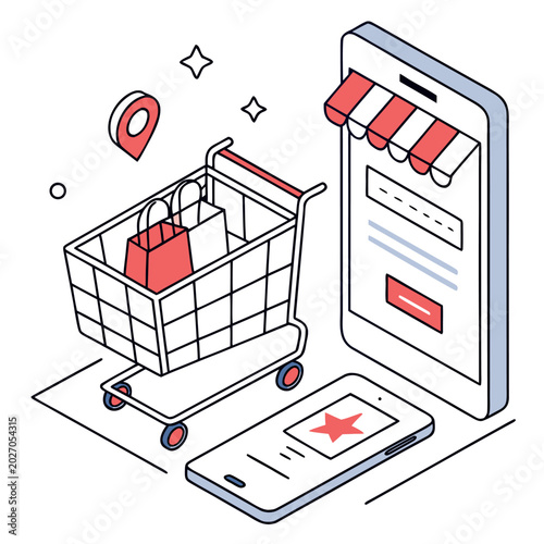 isometric shopping cart and smartphone illustration with location pin and shopping bags
