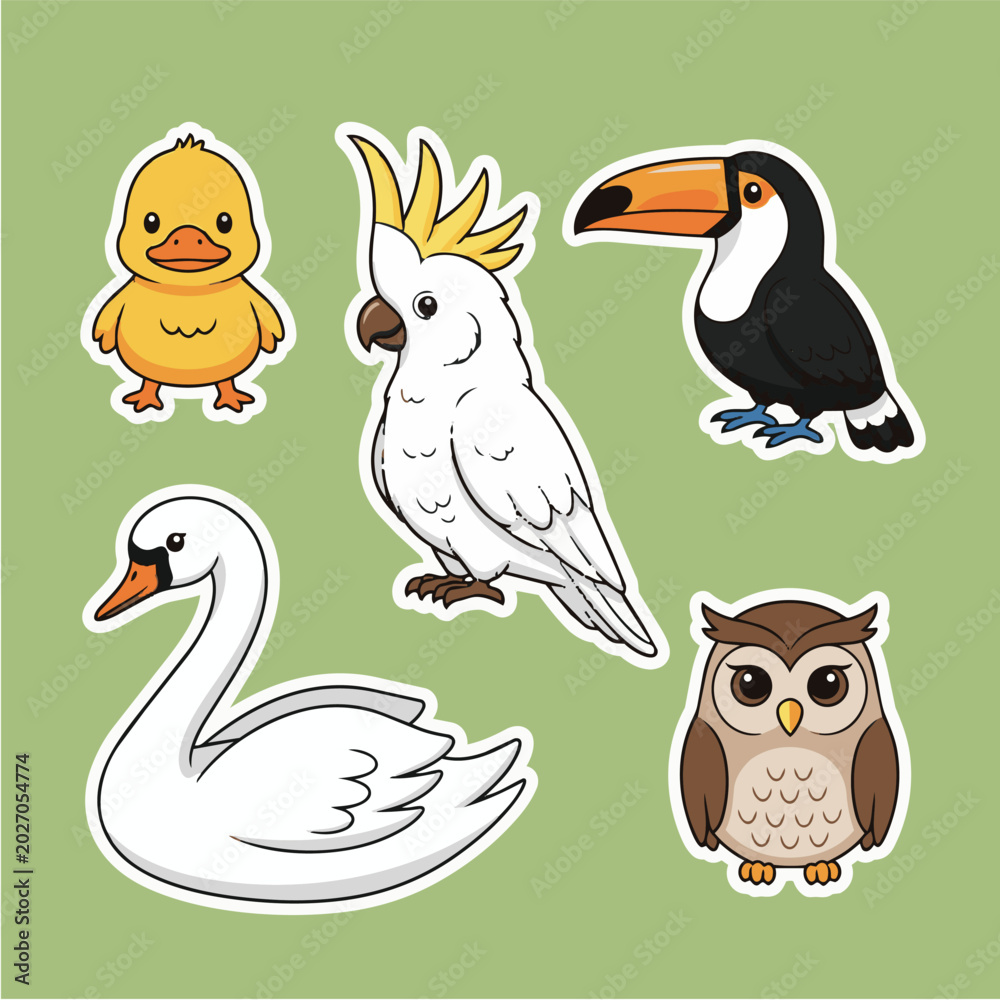 Fototapeta premium Cute Cartoon Bird Stickers Set with Duckling Toucan and Owl