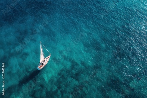 Sailboat sailing on turquoise ocean water from aerial view