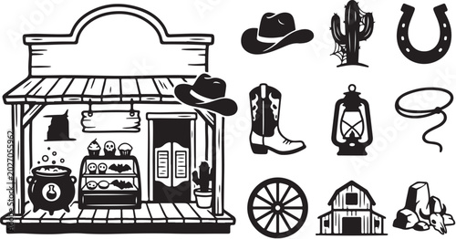 Western Saloon and Cowboy Icons Illustration Set
