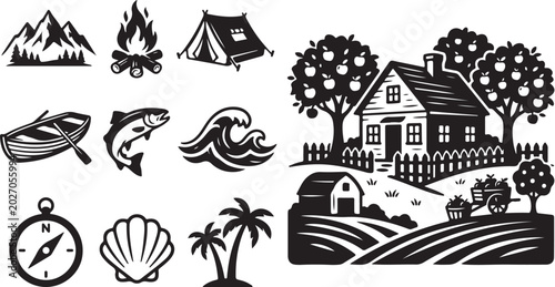Black and White Vector Farmhouse Icon Set Collection